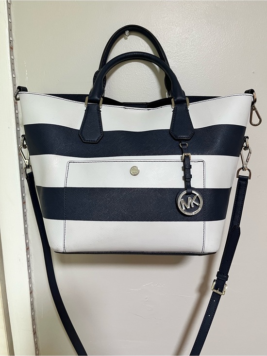 Michael Kors Handbags - Michael Kors Black and White Striped Leather Tote with MK Charm